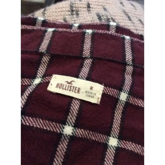 Hollister Medium M Checked Flannel Long Sleeve Button Up Shirt Burgandy Cotton - Picture 3 of 4